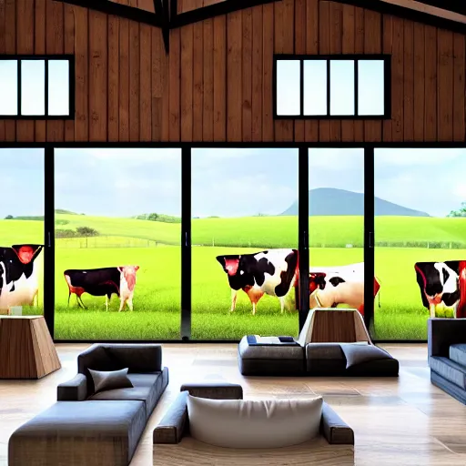 Prompt: interior view of modern futuristic farm barn architecture and interior design showing cows! laying down on sofas and pigs! and chickens! sitting in lounge chairs, wall art, throw pillows, areas rugs, feed troughs, hay, detailed luminescent oil painting 4 k