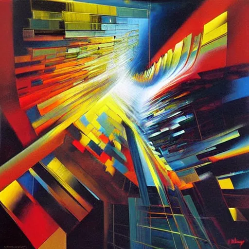 Image similar to abstract art representing momentum, oil painting by john berkey and gabriel dawe, masterwork