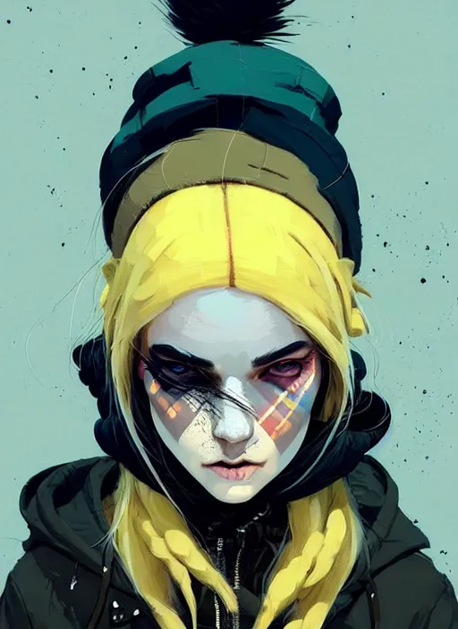 Image similar to highly detailed portrait of a sewer punk lady student, blue eyes, tartan hoody, hat, white hair by atey ghailan, by greg rutkowski, by greg tocchini, by james gilleard, by joe fenton, by kaethe butcher, gradient yellow, black, brown and cyan color scheme, grunge aesthetic!!! ( ( graffiti tag wall background ) )