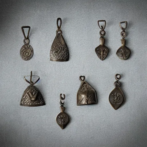 Prompt: “Old original viking age bronze pendants from scandinavia, detailed studio photograph”