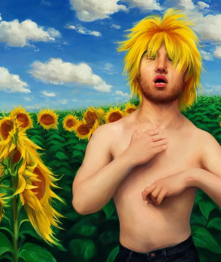 Image similar to a closeup portrait of a man in a blonde bob wig with blonde bangs, standing in beautiful sunflower field, screaming and sad, highly detailed, aesthetic clouds in the sky, in the style of edward hopper, very fine brush strokes, 4 k,