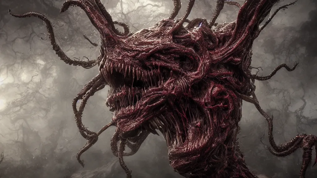 Prompt: eldritch 4D monster, full of veins and eyes, Hyper realistic, photorealistic, concept art, horror, eldritch, 8K, concept art, DSLR, filmic, HDR, hyperrealism, Unreal Engine, volumetric lighting, Darkart