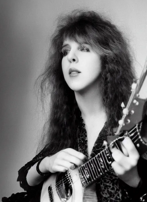 Prompt: dslr portrait photo still of 2 4 year old stevie nicks at age 2 4 with red hair playing a guitar, 8 5 mm, f 1. 8