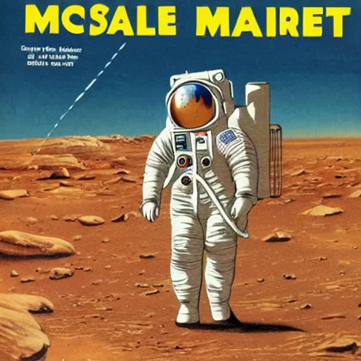 Image similar to astronaut walking on Mars with a rover in the background, Vintage Magazine Illustration