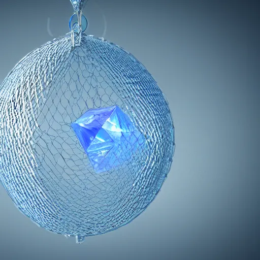 Image similar to crystal hung in a fine chain net, crystal shining with an inner blue radiance, realistic, octane render