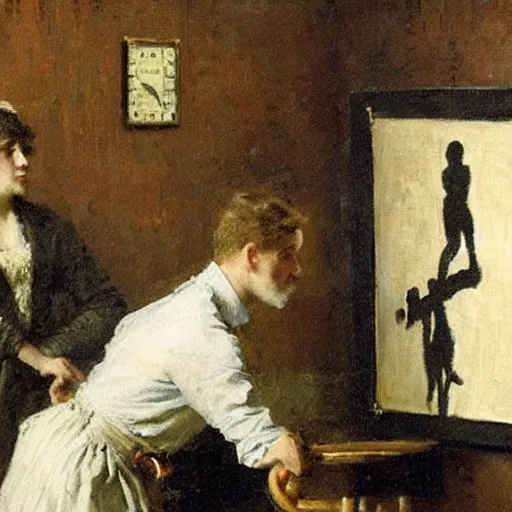 Prompt: a young man and a young woman solving an escape room puzzle, mysterious markings on the wall, by alfred stevens