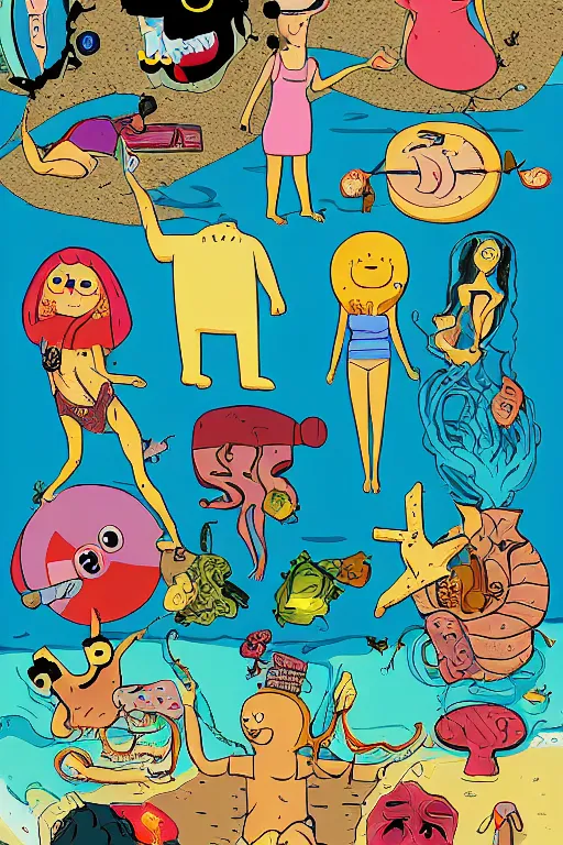 Image similar to beach blanket bingo, body horror, David cronenberg, in the style of Adventure Time