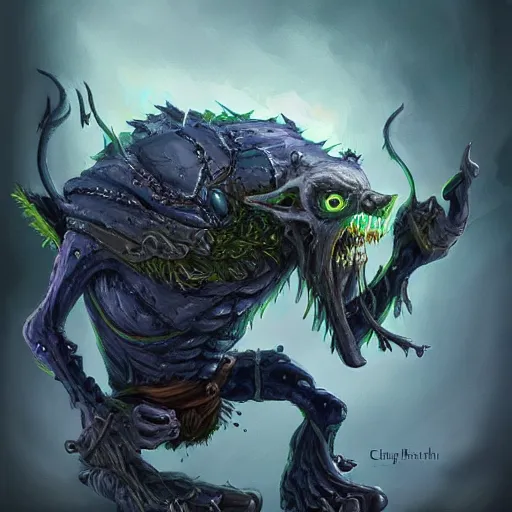 Prompt: a highly detailed goblin with grey skin and blue eyes that glow, surrounded by blowing wind, like magic the gathering, goblin chainwalker,, digital art, by christopher rush