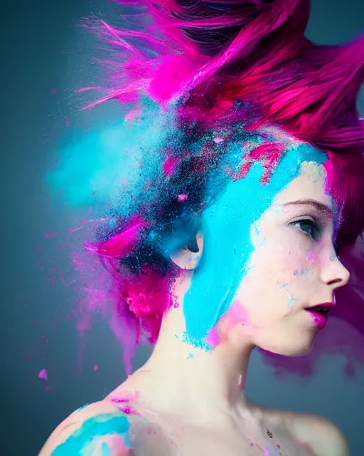 Image similar to a dramatic lighting photo of a beautiful young woman with cotton candy hair. paint splashes. with a little bit of cyan and pink