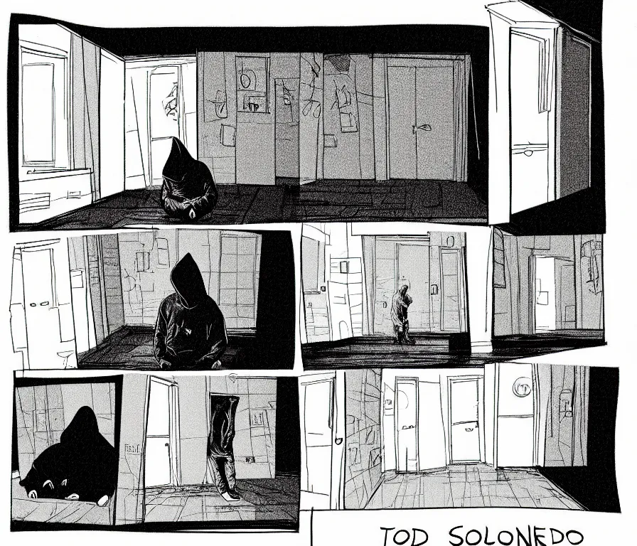 Prompt: todd solondz in hoodie lonely at his empty apartment, knees tucked in | rain falls at night : storyboard, realistic. by gabriel hardman, joe alves, j. todd anderson, chris bonura. cinematic atmosphere, detailed and intricate, perfect anatomy