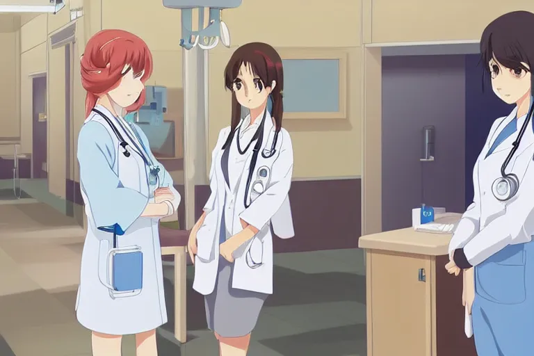 Image similar to a cute and beautiful young female doctor wearing white coat are talking with an elegant nurse wearing blue coat in a hospital ward, slice of life anime, anime scenery by Makoto shinkai