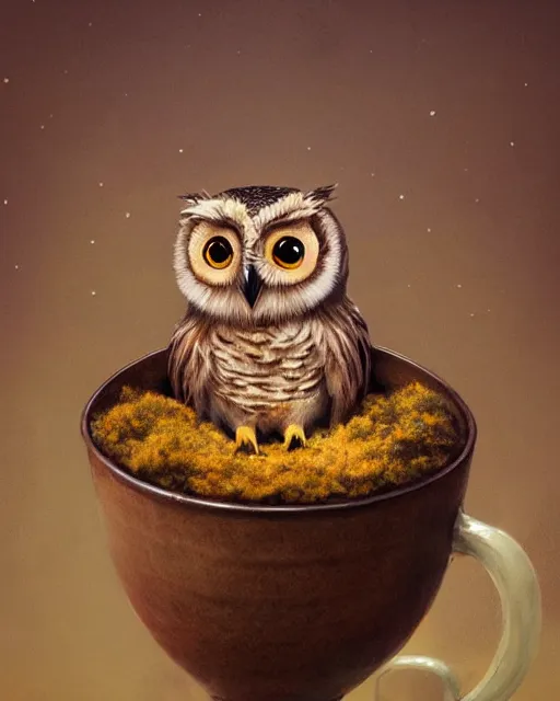 Image similar to long shot of a very cute owl chick nesting in a mug, esao andrews, humorous illustration, hyperrealistic, big depth of field, warm colors, night scenery, low light, 3 d octane render, 4 k, concept art, hyperdetailed, hyperrealistic, trending on artstation