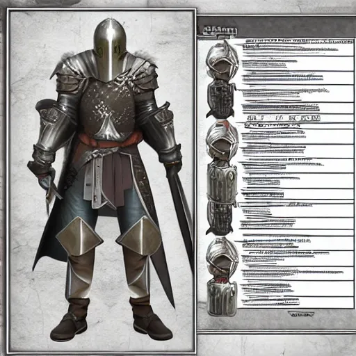 Prompt: RPG game character sheet for a character that looks like a knight, wearing armor, HDR, 4k, 8k, extremely detailed, final fantasy style, includes 4 different angles of the character