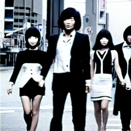 Prompt: 1 9 7 0 s, black and white japanese tv show, ph, mechanical monsters walking the streets of shinjuku