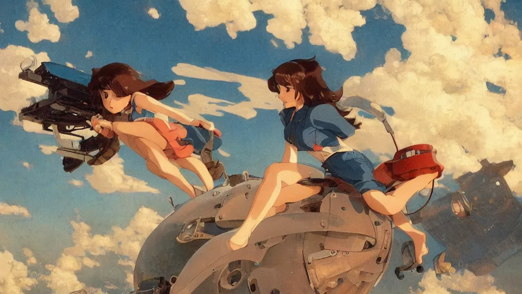 Prompt: a film still of a 1 9 5 0's mechanic anime girl sitting on top of flying ufo, finely detailed features, full body mid shot, perfect art,, trending on pixiv fanbox, painted by gaston bussiere, makoto shinkai, akihiko yoshida, gaston bussiere, craig mullins, studio ghibli