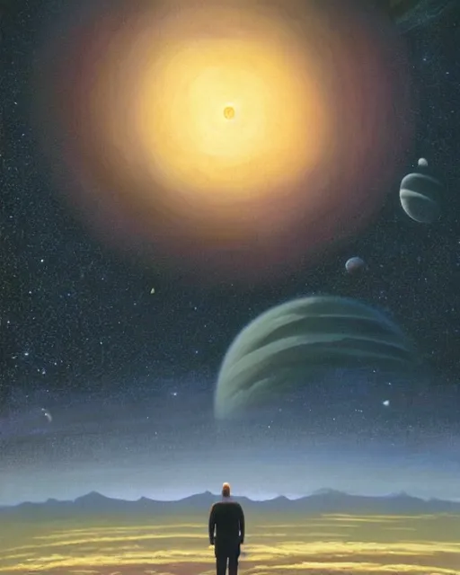 Prompt: a painting of a man standing in front of a planet, a detailed matte painting by david a. hardy and by les edwards and by ralph mcquarrie, featured on deviantart, space art, sci - fi, dystopian art, matte painting