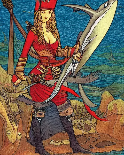 Prompt: a shark pirate queen with melee weapons by ivan bilibin