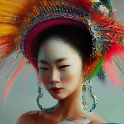 Image similar to beautiful japanese oil panting of a lady in headdress, colorful brush strokes, rendered by octane, depth of field, ultra detailed, rococo, zen concept, powerful composition, trending on artstation, 8k