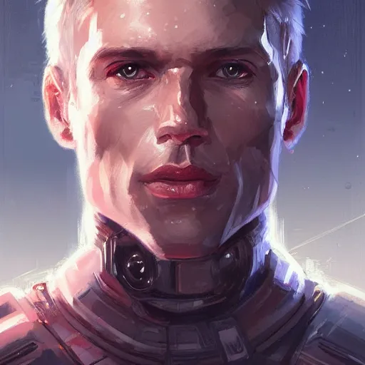 Prompt: portrait of a man with shocked expression by greg rutkowski, he is about 3 0 years old, short blond hair, athletic and strong, straight jaw, wearing futuristic space gear, highly detailed portrait, digital painting, artstation, concept art, smooth, sharp foccus ilustration, artstation hq.