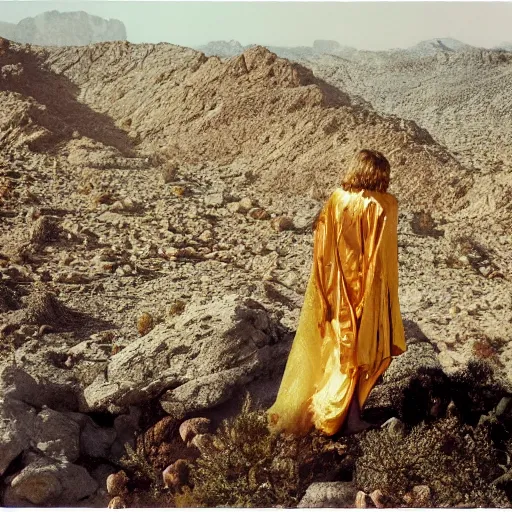 Prompt: mick jagger dressed in golden costume with jewels in a dry rocky desert landscape, visible sky and sunny atmosphere, fata morgana by alejandro jodorowsky, anamorphic lens, kodakchrome, 8 k -