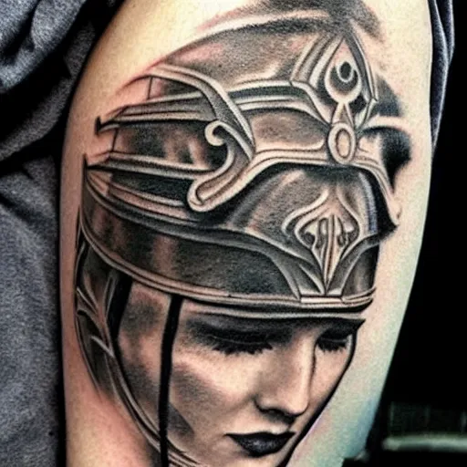 Image similar to A thracian helmet, tattoo, tattoo art, Black and grey tattoo style