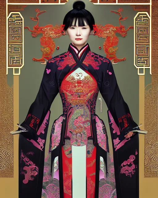 Image similar to portrait of a chinese cyberpunk machine, machine face, robed arms, upper half portrait, decorated with chinese opera motifs, regal, asian, fine china, wuxia, traditional chinese art intricate intense elegant 京 剧 highly detailed digital painting artstation concept art smooth sharp focus illustration, art by artgerm and greg rutkowski alphonse mucha 8 k
