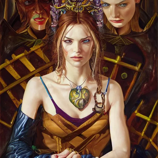 Image similar to high quality high detail portrait of a young gorgeous female warlock, fantasy, d & d, painting by lucian freud and mark brooks, hd