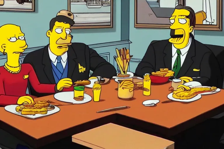 Prompt: Superintendent Chalmers and Principal Skinner sitting at a table eating hamburgers, still frame from The Simpsons