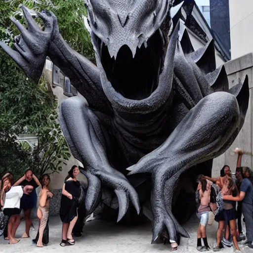 Image similar to greek by emil alzamora tender. a beautiful installation art of a large, dragon - like creature with sharp teeth, talons, & a long tail. the creature is looming over a small group of people who appear to be in distress.