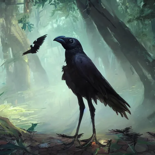 Image similar to concept art painting of a person with a head of a crow, with steampunk clothes, in the deep forest, realistic, detailed, cel shaded, in the style of makoto shinkai and greg rutkowski and james gurney