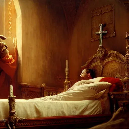 Image similar to the catholic pope in his bed, scared, because a horned demon is attacking the pope. highly detailed painting by gaston bussiere, greg rutkowski, craig mullins 8 k