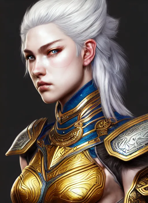 Image similar to warrior, intricate ornate opal heavy armor!!! beautiful and athletic white hair female!! gorgeous face and eyes!! character concept art, sharp focus, octane render! unreal engine 5! highly rendered!! trending on artstation!! detailed linework!! illustration by artgerm, wlop, and chie yoshii