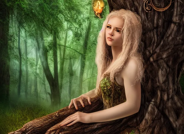 Image similar to a portrait of a real woman growing from a tree, in a magical forest. Fantasy magic horror style. Highly detailed 8k. Intricate. Nikon d850 55mm. Award winning photography.