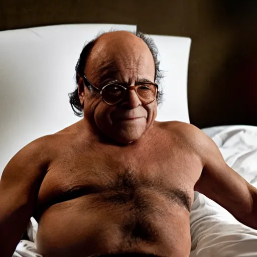 Image similar to Danny DeVito on a bed with The Predator, cinematic, studio light, 8K,