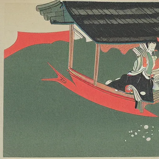 Prompt: a japanese print of a woman driving a frog car