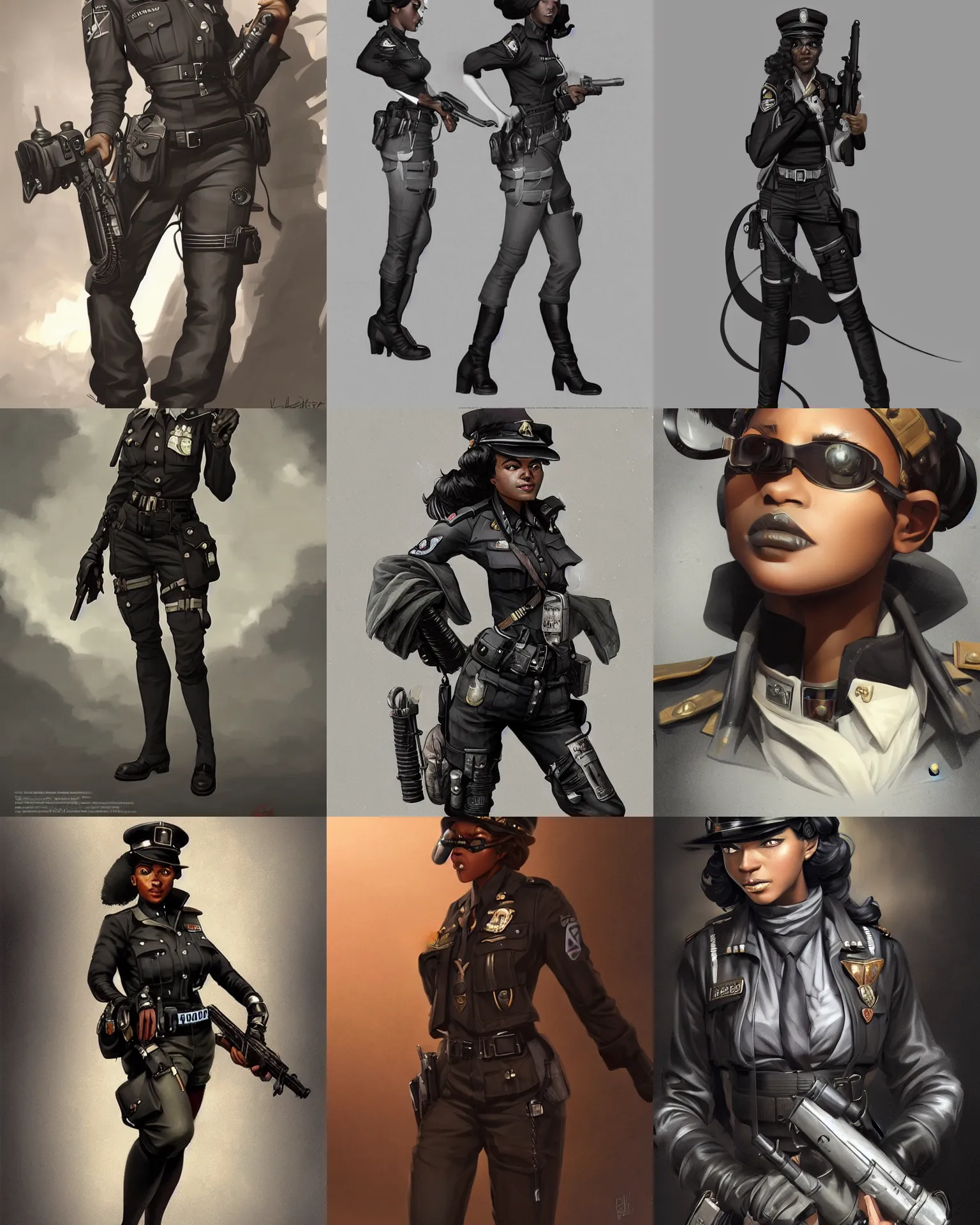 Prompt: A black dieselpunk policewoman, visualartzi, dieselpunk, anime, concept art by Karla Ortiz, James Paick, Charlie Bowater, Krenz Cushart, highly detailed, ultra detailed, ultra realistic, trending on artstation, cgstudio