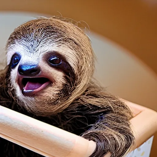 Image similar to baby sloth yawning in a baby crib