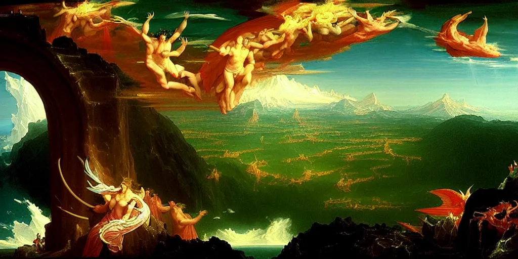 Image similar to heaven and hell painted by thomas cole