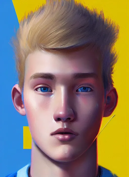 Image similar to portrait of high school senior boy named big moose, blonde short hair, jock, beefy, wide face, square jaw, square facial structure, blue varsity jacket with letter r, intricate, elegant, glowing lights, highly detailed, digital painting, artstation, concept art, sharp focus, illustration, art by wlop, mars ravelo and greg rutkowski