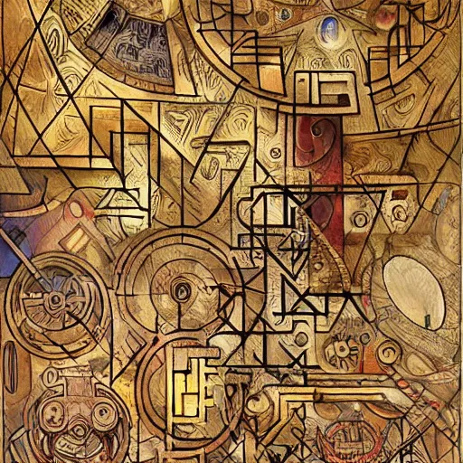 Image similar to amazing maze labyrinth steampunk style by albert gleizes and by hilma klint, hd, artstation, alive colors