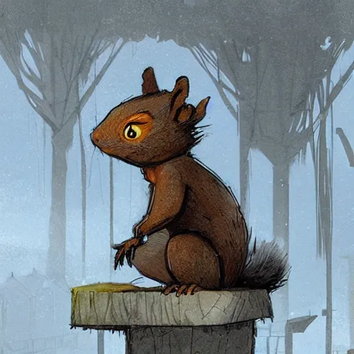 Image similar to Anthropomorphic Squirrel in cloak sitting atop a roof in a decimated city rossdraws,greg rutkowski,and Sarah Andersen,ambient style, very detailed,detailed armor,detailed helmet,movie poster type,cinematic lighting