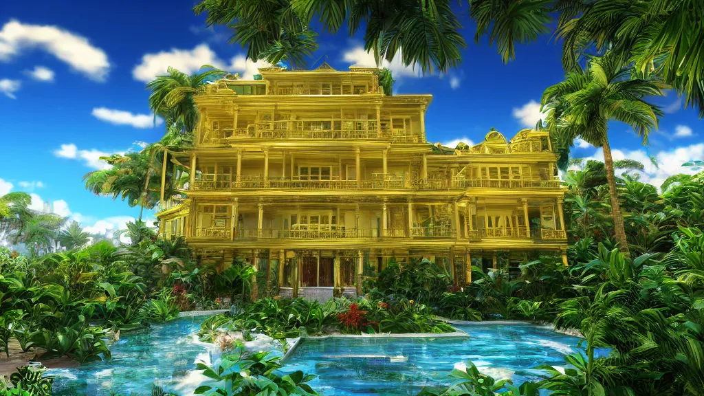 Prompt: golden mansion in a vaporwave jungle, 4k, ultra realistic, award winning photograph