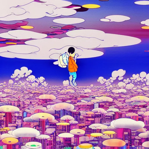 Image similar to a man walking on clouds above kyoto by takashi murakami,, aya takano color style, 4 k, super detailed