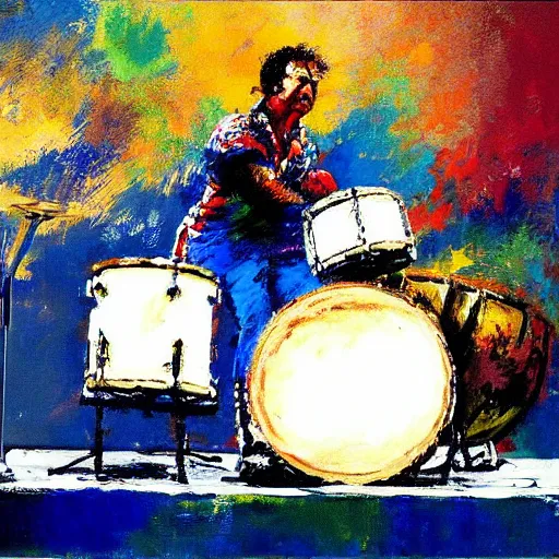 Image similar to painting of neal peart playing a drum solo, by leroy neiman, hd, detailed, award winning