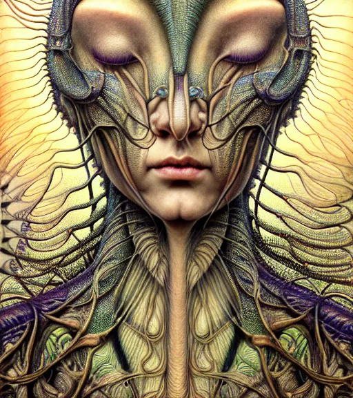 Prompt: detailed realistic beautiful mantis goddess face portrait by jean delville, gustave dore, iris van herpen and marco mazzoni, art forms of nature by ernst haeckel, art nouveau, symbolist, visionary, gothic, neo - gothic, pre - raphaelite, fractal lace, intricate alien botanicals, ai biodiversity, surreality, hyperdetailed ultrasharp octane render