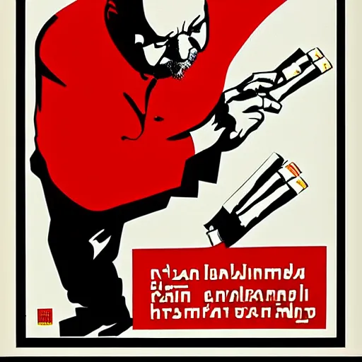 Image similar to “a communist! propaganda poster of Lenin emptying a bag of cigarettes over tiny hungry peasants. Black red and white. Award winning abstract poster art”