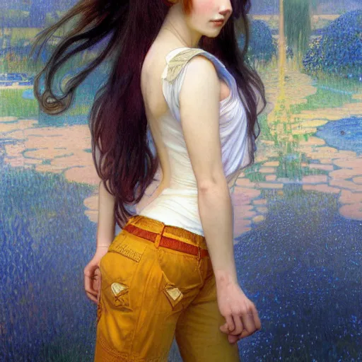 Image similar to A young woman with orange long hair and bangs in shorts and white shirt drawn by Donato Giancola and Makoto Shinkai, frank frazetta, Alphonse Mucha, background by James Jean and Gustav Klimt, 4k, porcelain skin, volumetric lighting, french nouveau, trending on artstation, octane render, hyperrealistic