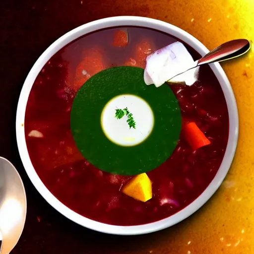 Prompt: a portal to another dimension in a bowl of borscht soup, 8 k, high definition, highly detailed, photo - realistic