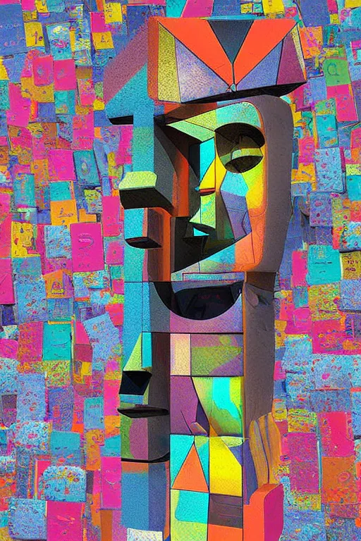 Image similar to cubist moai statue cutout digital illustration cartoon colorful beeple