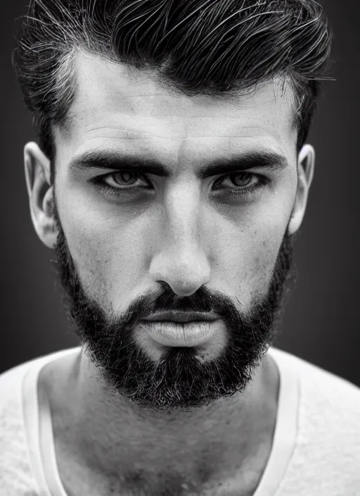 Prompt: black and white head shot, studio photograph of a male symmetrical handsome andrea belluci the painter artist, casual clothes, anxiety and depression, intricate, elegant, highly detailed, hyper realistic, dark background, flickr, clear, smooth, 4 k, 3 0 0 dpi, sharp focus, shot by canon